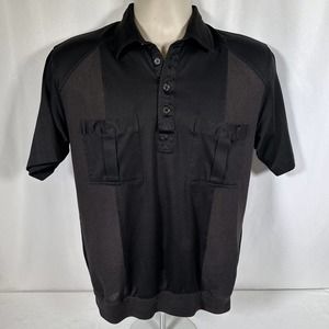 Vintage Alan Stuart Mens M Black Solid Pullover Shirt 1/2 Button Up Pockets Mesh